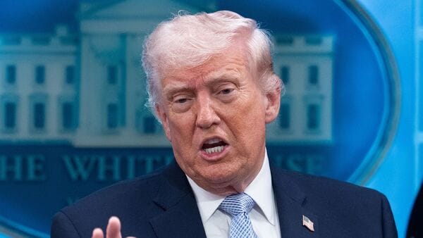 US President Donald Trump during a news conference in the James S. Brady Press Briefing Room of the White House in Washington, DC, US, on Monday, April 6, 2026. Photographer: Aaron Schwartz/CNP/Bloomberg