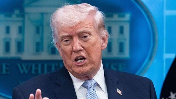US President Donald Trump during a news conference in the James S. Brady Press Briefing Room of the White House in Washington, DC, US, on Monday, April 6, 2026. Photographer: Aaron Schwartz/CNP/Bloomberg