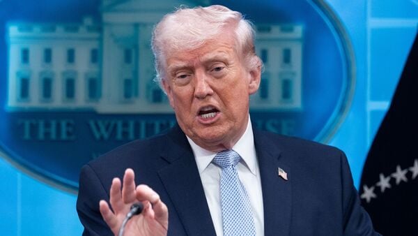 US President Donald Trump during a news conference in the James S. Brady Press Briefing Room of the White House in Washington, DC, US, on Monday, April 6, 2026. Photographer: Aaron Schwartz/CNP/Bloomberg