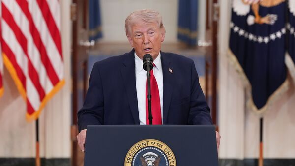 US President Donald Trump speaks about the Iran war from the Cross Hall of the White House on Wednesday, April 1, 2026, in Washington.