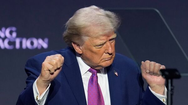 Iran US War LIVE: US President Donald Trump dances after speaking at a Turning Point USA event at Dream City Church, Friday, April 17, 2026, in Phoenix. (AP Photo/Ross D. Franklin)
