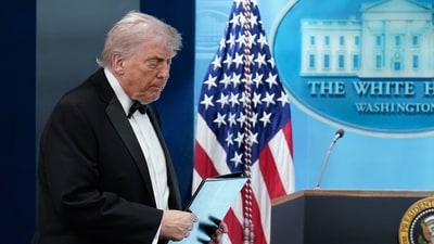 President Donald Trump arrives to speak in the James Brady Press Briefing Room at the White House after a shooting outside the ballroomt at the annual White House Correspondents' Association Dinner in Washington, Saturday, April 25, 2026. (AP Photo/Jose Luis Magana) (AP)