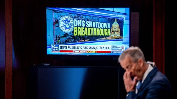 WASHINGTON, DC - APRIL 2: Senate Majority Leader John Thune (R-SD) prepares to do a television interview after the Senate passed a Department of Homeland Security (DHS) funding bill by unanimous consent at the U.S. Capitol Building on April 2, 2026 in Washington, DC. The Senate has sent a bill to fund all of the Department of Homeland Security except for U.S. Immigration and Customs Enforcement (ICE) and U.S. Customs and Border Protection (CBP) back to the House.   Andrew Harnik/Getty Images/AFP (Photo by Andrew Harnik / GETTY IMAGES NORTH AMERICA / Getty Images via AFP)