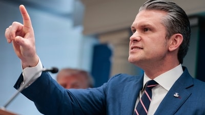 US Secretary of Defense Pete Hegseth speaks about the conflict in Iran in the James S. Brady Press Briefing Room of the White House on April 6, 2026, in Washington, DC. (Photo by Kent Nishimura / AFP) (AFP)