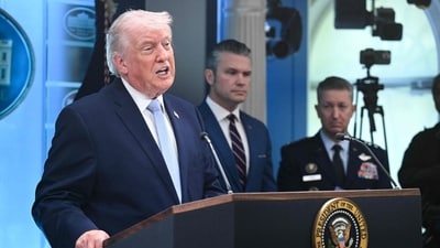US President Donald Trump speaks about the conflict in Iran in the James S. Brady Press Briefing Room of the White House on April 6, 2026, in Washington, DC. (Photo by SAUL LOEB / AFP) (AFP)
