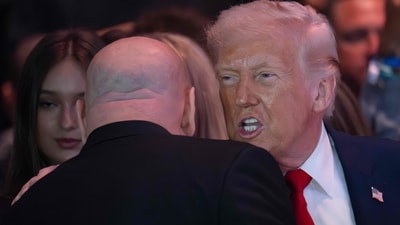 US President Donald Trump speaks with the CEO and President of UFC Dana White during UFC 327: Jiri Prochazka vs Carlos Ulberg at Kaseya Centre in Miami, on April 11, 2026. (AFP)
