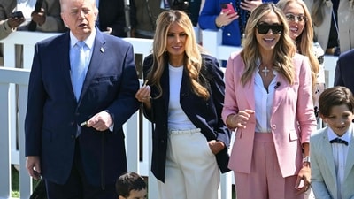 (L/R) US President Donald Trump, First Lady Melania Trump, Lara Trump and Tiffany Trump participate during the annual Easter Egg Roll on the South Lawn of the White House on April 6, 2026, in Washington, DC. (Photo by SAUL LOEB / AFP) (AFP)