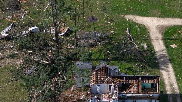 An aerial view shows damage to a farmhouse from yesterday's tornado on April 18, 2026 near Rockton, Illinois.  (Scott Olson/Getty Images/AFP)