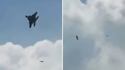 A viral clip purportedly showed a US F-15 jet "chasing" after an Iranian Shahed drone. (Screengrab/X@RT_com)