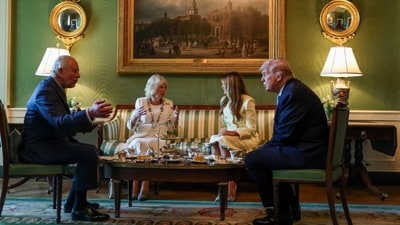 US President Donald Trump and first lady Melania Trump host Britain's King Charles and Queen Camilla for afternoon tea at the White House in Washington, D.C., U.S., April 27, 2026. (REUTERS)
