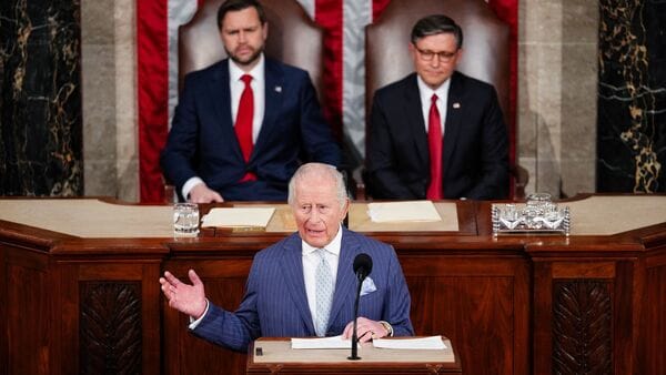Britain's King Charles addresses a joint meeting of Congress in the House Chamber of the U.S. Capitol in Washington, D.C., U.S., April 28, 2026. REUTERS/Eric Lee