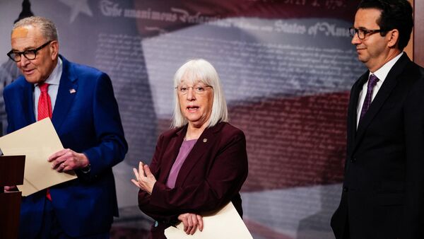 U.S. Senator Patty Murray (D-WA), center, speaks alongside Senate Minority Leader Chuck Schumer (D-NY) and U.S. Senator Brian Schatz (D-HI), right, during a press conference on DHS funding on Capitol Hill in Washington, D.C., U.S., April 28, 2026. REUTERS/Eric Lee