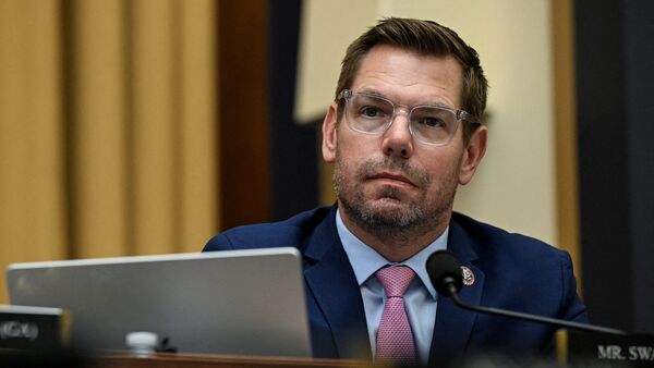 US Representative Eric Swalwell (D-CA) attends a House Judiciary Committee hearing with FBI Director Kash Patel (not pictured), on Capitol Hill in Washington, DC