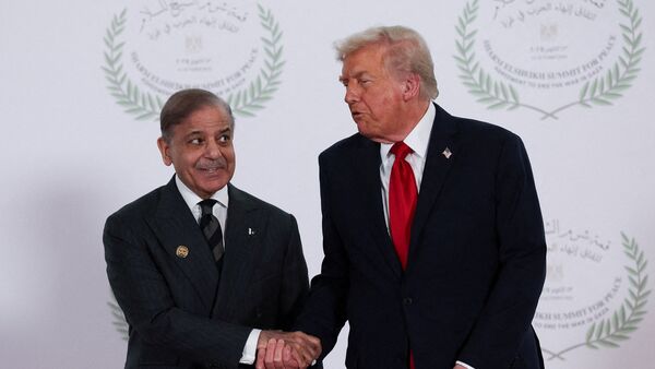 A file image of US President Donald Trump with Pakistan PM Shehbaz Sharif