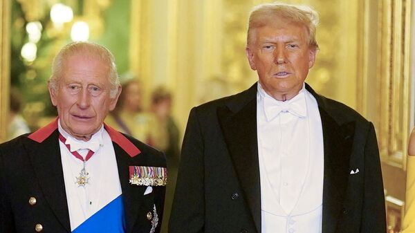US President Donald Trump with Britain's King Charles at the state banquet at Windsor Castle, in Windsor, Britain on September 17, 2025.