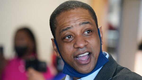 The then Virginia Democratic gubernatorial candidate, Lt. Gov. Justin Fairfax, speaks to supporters at Pink Fish restaurant in Hampton, Va., Thursday, April 8, 2021.