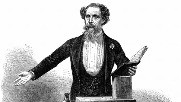 Charles Dickens (1812-70) giving his last public reading at St James's Hall, London 5 March 1870. He read extracts from 'A Christmas Carol' and the trial scene from 'Pickwick Papers'. His first reading was in 1858. Wood engraving 1870.