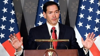 US Secretary of State Marco Rubio at a press conference on the India-US bilateral ties at Hyderabad House, New Delhi, on Sunday. (Jitender Gupta/ANI Photo) US Secretary of State Marco Rubio at a press conference on the India-US bilateral ties at Hyderabad House, New Delhi, on Sunday. (Jitender Gupta/ANI Photo)