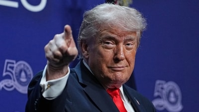 President Donald Trump speaks at the Raymond F Kravis Center for the Performing Arts in West Palm Beach. (AP)