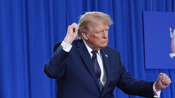 President Donald Trump dances after speaking at Rockland Community College, Friday, May 22, 2026, in Suffern, N.Y.