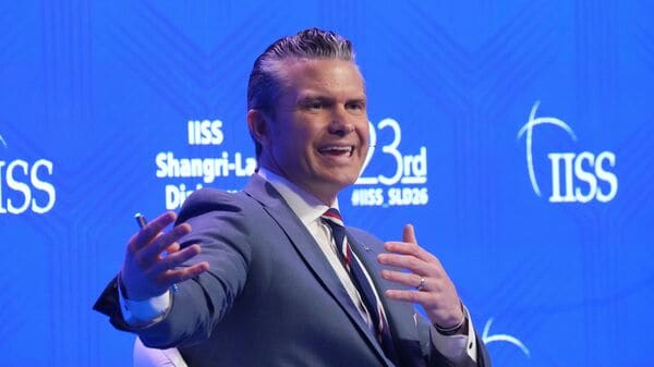 US Defense Secretary Pete Hegseth gestures as he speaks during the Shangri-La Dialogue, Asia's annual defense and security forum, in Singapore, Saturday, May 30, 2026.