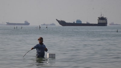 A man stands in the water, appearing to fish, as bulk carriers, cargo ships, and service vessels line the horizon in the Strait of Hormuz off Bandar Abbas, Iran, Monday, April 27, 2026.(Photo for representation) (AP)