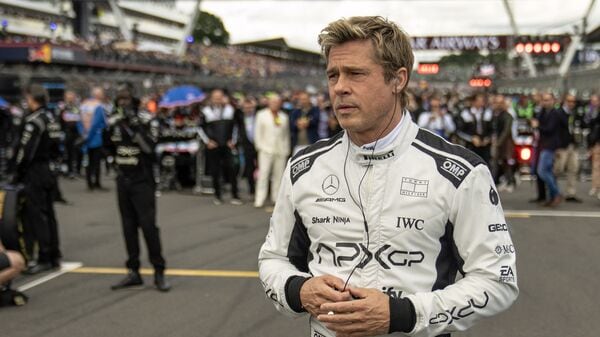This image released by Warner Bros Pictures shows Brad Pitt in a scene from F1 The Movie.
