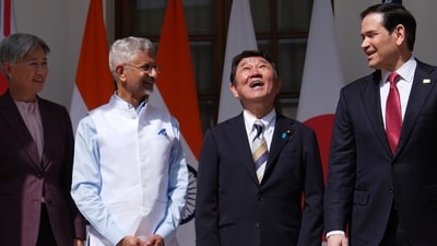 (From left) Australian Foreign Minister Penny Wong, India's Minister of External Affairs S. Jaishankar, Japanese Foreign Minister Toshimitsu Motegi and US Secretary of State Marco Rubio share a light moment as they pose before a Quad ministerial meeting at Hyderabad House in New Delhi. (AP)