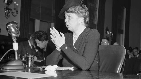 First lady Eleanor Roosevelt, assistant director of civilian defense during World War II, testifies before Congress on January 14, 1942.