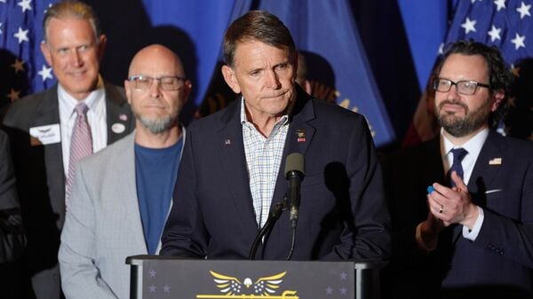 Republican congressional candidate Ed Gallrein speaks after winning the Republican party's nomination during an election night event Tuesday, May 19, 2026, in Covington, Ky. (AP Photo/Joshua A. Bickel)