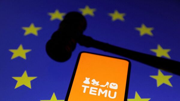Temu logo, a gavel and the European Union's flag are seen in this illustration taken November 4, 2024