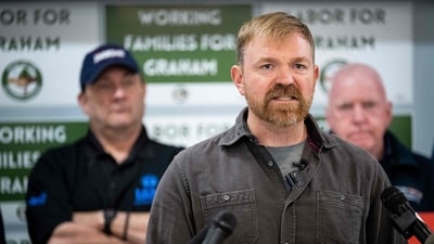 Senate candidate from Maine Graham Platner speaks during a campaign event with the Maine AFL-CIO (Getty Images via AFP)