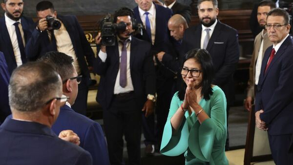 Delcy Rodríguez was sworn in as Venezuela’s acting president in Caracas.