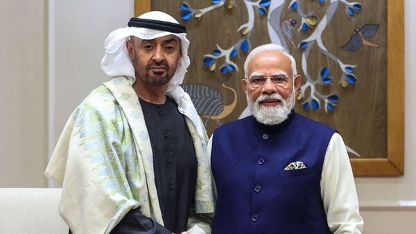 UAE President Sheikh Mohamed bin Zayed al-Nahyan (L) shaking hands with India's Prime Minister Narendra Modi during their meeting in New Delhi in January this year