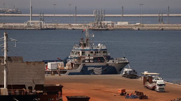Offshore vessel 'MD ZEN 532' at the Port of Fujairah, as the U.S.-Israel conflict with Iran limits marine traffic in the Strait of Hormuz, in Fujairah