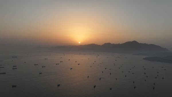 A drone view shows vessels anchored at the Strait of Hormuz, as seen from Musandam, Oman, May 30, 2026. REUTERS/Stringer     TPX IMAGES OF THE DAY