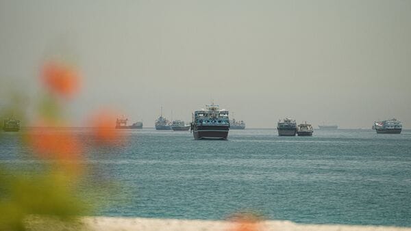Vessels anchored at the Strait of Hormuz, as seen from Musandam, Oman, May 25, 2026. REUTERS/Stringer