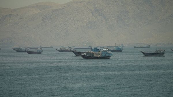 Vessels anchored at the Strait of Hormuz, as seen from Musandam, Oman, May 25, 2026.