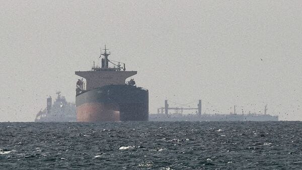 Cargo ships in the Gulf, near the Strait of Hormuz, as seen from northern Ras al-Khaimah, near the border with Oman’s Musandam governance, amid the U.S.-Israeli conflict with Iran, in United Arab Emirates, March 11, 2026./File Photo