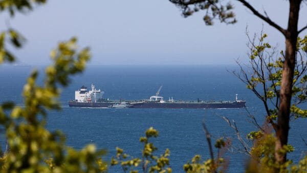 The crude oil tanker Odessa, carrying UAE crude after passing through the Strait of Hormuz with its Automatic Identification System transponder turned off, navigates the waters at Daesan port, where it is expected to discharge crude oil, in Seosan, South Korea, May 8, 2026. REUTERS/Kim Soo-hyeon