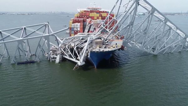 Baltimore Bridge Collapse: A drone view of the Dali cargo vessel, which crashed into the Francis Scott Key Bridge causing it to collapse, in Baltimore, Maryland.