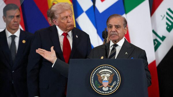 Pakistani Prime Minister Shehbaz Sharif (R) speaks as US President Donald Trump listens during the Gaza summit in Sharm El-Sheikh on October 13, 2025. Trump landed in Egypt on October 13 for a summit on Gaza, following a lightning visit to Israel after a ceasefire he brokered entered into force. (Photo by Suzanne Plunkett / POOL / AFP)