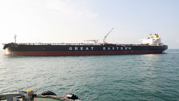 Indian vessel 'Jag Laadki' carrying 80,800 metric tonnes of crude oil arrives at Mundra Port, in Kutch, Gujarat, Wednesday, March 18, 2026. (PTI Photo)