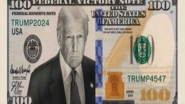 The images depict a stylised currency note that appears to reimagine the US dollar with Trump’s face prominently displayed on one side. (Image: Donald Trump/Truth Social)