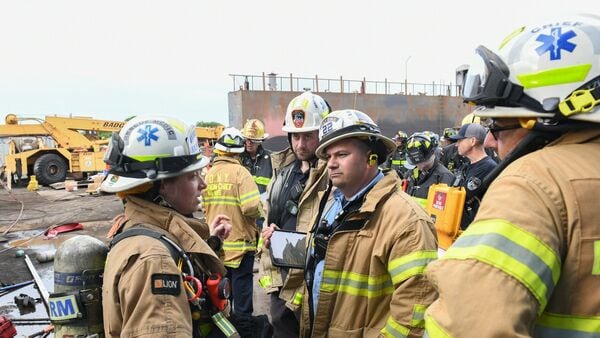 Firefighters respond to an explosion at a shipyard in Staten Island on Friday, May 22, 2026 in New York.