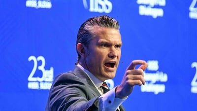 US Secretary of Defence Pete Hegseth speaks during a plenary session of the 23rd Shangri-La Dialogue summit in Singapore. (Photo by JAM STA ROSA / AFP) (AFP)