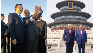 L: PM Modi with then Chinese premier Li at Temple of Heaven in Beijing in 2015 | R: US President Donald Trump with Chinese President Xi Jinping at the temple on Thursday (File photo/Narendra Modi Facebook and AFP)