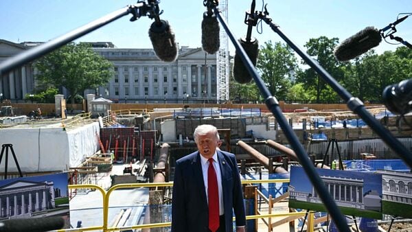 US President Donald Trump speaks to the press near the construction site of his proposed ballroom at the White House in Washington, DC, on May 19, 2026.