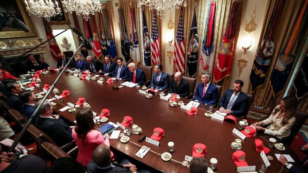 US President Donald Trump, center, during a cabinet meeting at the White House in Washington, DC, US, on Wednesday, May 27, 2026. President Donald Trump said he was not satisfied with negotiations with Iran to end their almost three-month war, dampening expectations for an imminent breakthrough.