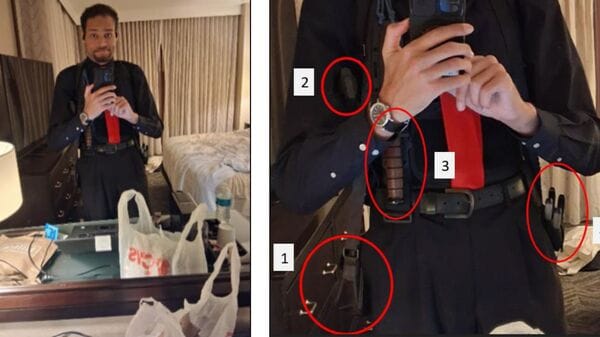 This image contained in a court filing by the Department of Justice, April 29, 2026, shows Cole Tomas Allen, left,  inside his hotel room, on Saturday, April 25, 2026 in Washington, using his cellphone to take a photograph of himself in the mirror. An enhanced version of the image is right. (Department of Justice via AP)